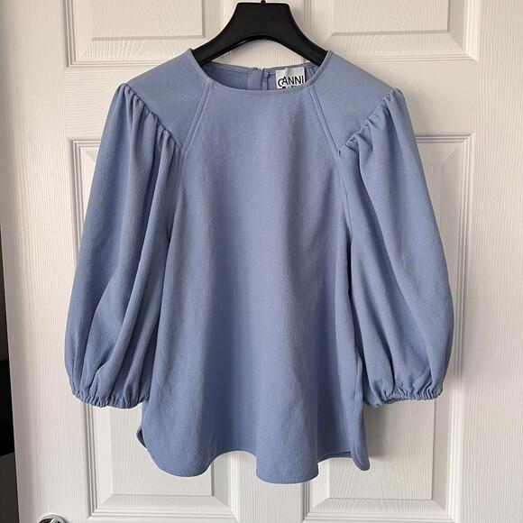 Ganni Heavy Crepe Blouse Top Balloon Puff Sleeve Forever Blue Women’s 38 / 10 UK - Picture 1 of 11